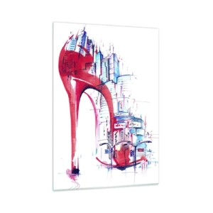 Obraz na szkle - Czerwony szpilka z motywem miejskiej architektury - 50x70cm - Wielkomiejska elegantka - Nowoczesna dekoracja ścienna do salonu, kuchni i sypialni ARTTOR