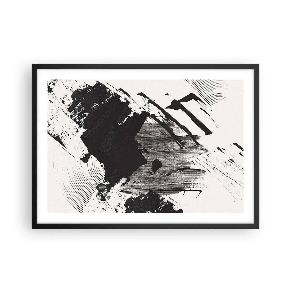 Plakat w czarnej ramie - Abstrakcyjne pociągnięcia czerni na białym tle - 70x50cm - Abstrakcja – ekspresja czerni - Nowoczesna dekoracja ścienna do salonu i sypialni ARTTOR