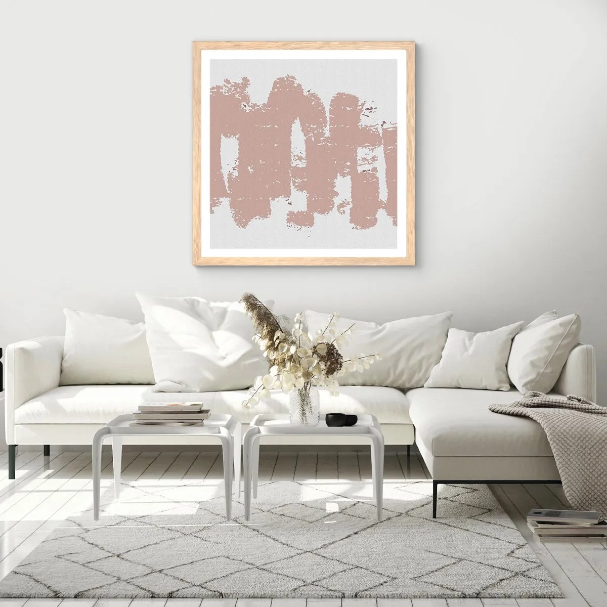 Plakat w ramie jasny dąb - Abstrakcja w łagodnym różu - 30x30 cm