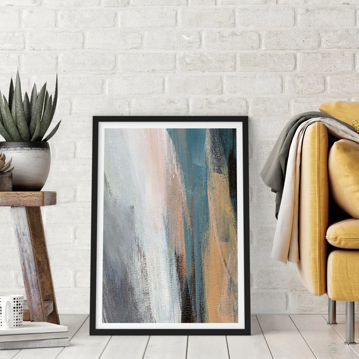 Plakat w czarnej ramie - Abstrakcyjna kompozycja w stonowanych barwach - 50x70cm - Abstrakcja: pejzaż północny - Nowoczesna dekoracja ścienna do salonu i sypialni ARTTOR
