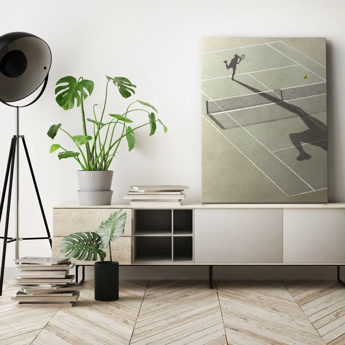 Obraz na płótnie - Sylwetka tenisisty odbijającego piłkę, rzucająca cień przeciwnika - 50x70cm - Pokonać siebie - Nowoczesna dekoracja ścienna do salonu, kuchni i sypialni ARTTOR