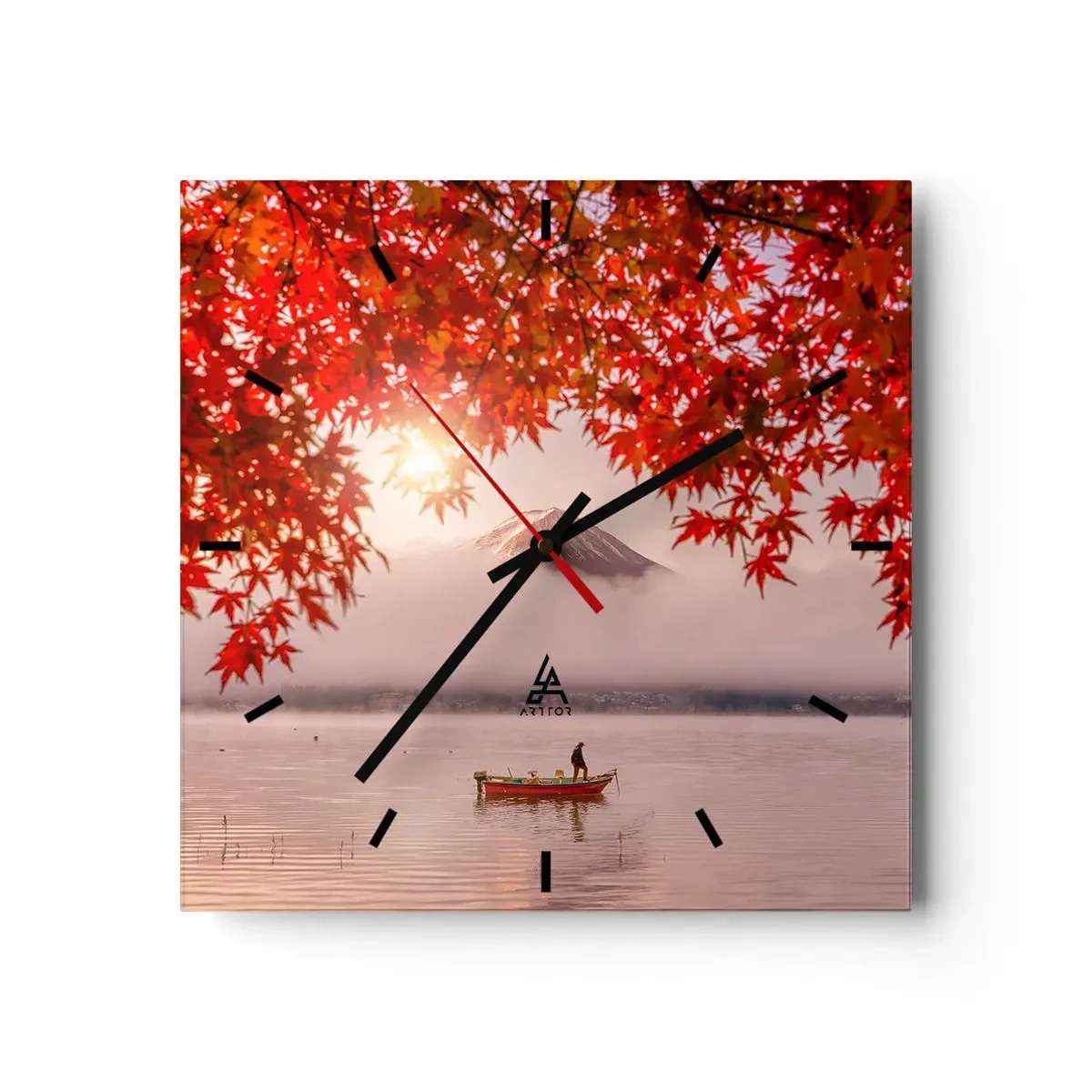 Zegar ścienny - Łódka na jeziorze otoczona czerwonymi liśćmi klonu - 30x30cm - W japońskim klimacie - Nowoczesna dekoracja ścienna do salonu i sypialni ARTTOR