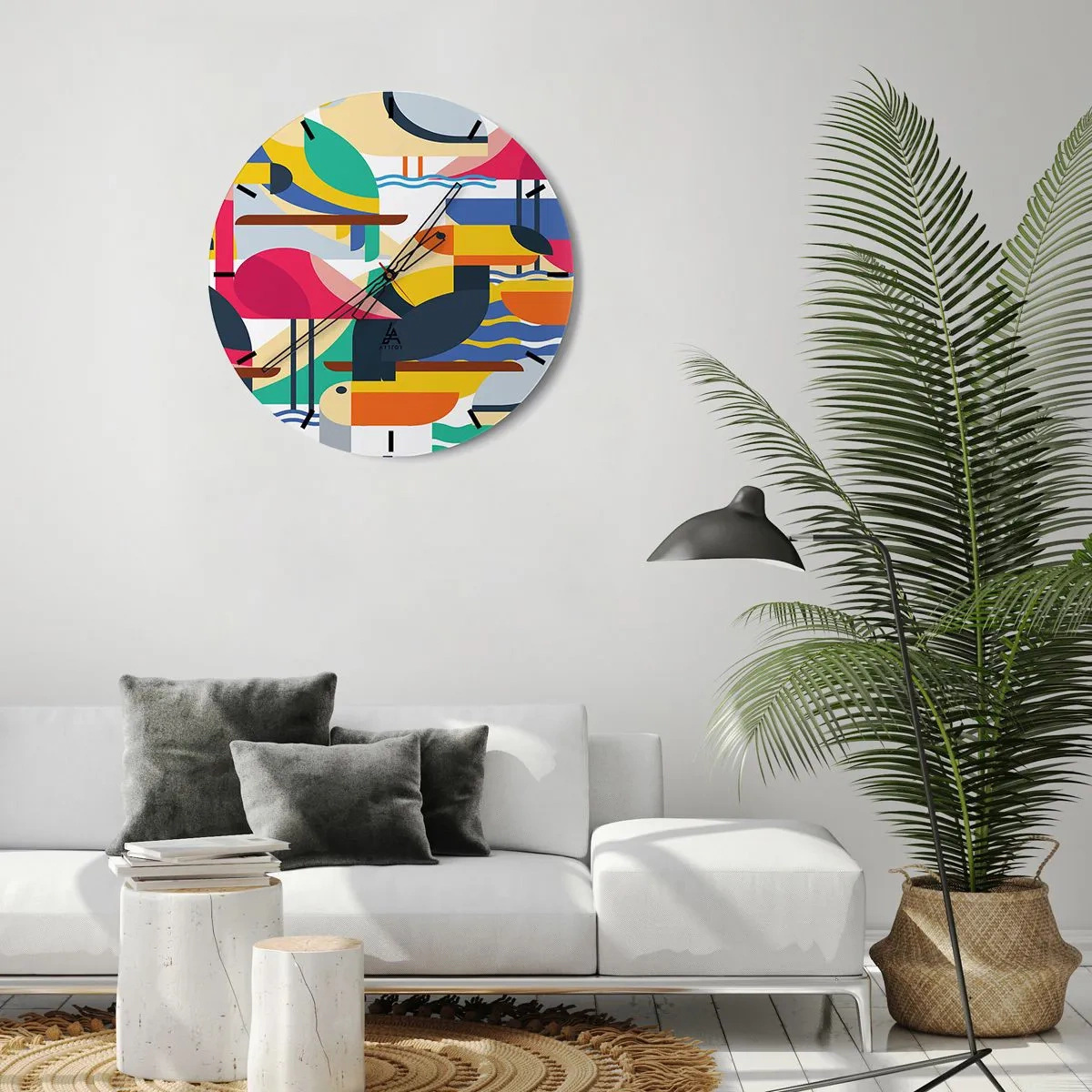 Zegar ścienny - Kolorowy wzór z motywem ptaków i geometrycznych kształtów - 30x30cm - Ptasie party - Nowoczesna dekoracja ścienna do salonu, kuchni i sypialni ARTTOR
