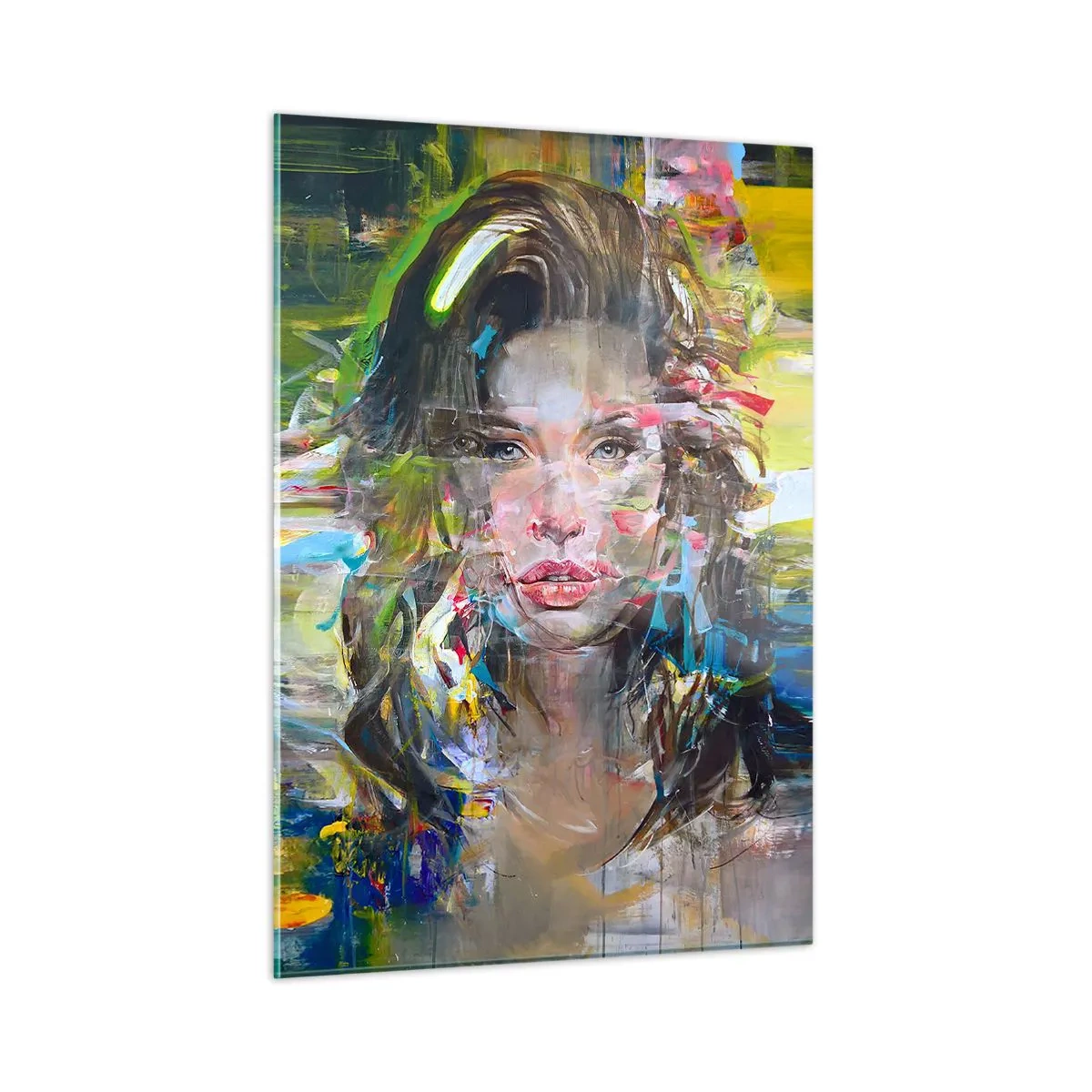Obraz na szkle - Abstrakcyjny portret kobiety z dynamicznym tłem - 50x70cm - Za powietrza zasłoną - Nowoczesna dekoracja ścienna do salonu, kuchni i sypialni ARTTOR