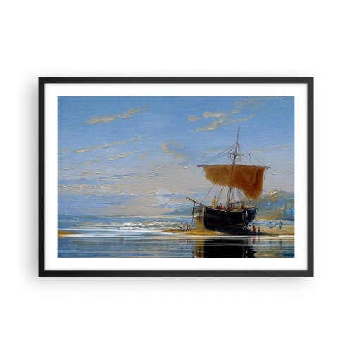 Plakat w czarnej ramie - Statek na brzegu morza w słoneczny dzień - 70x50cm - Woda, ziemia, powietrze - Nowoczesna dekoracja ścienna do salonu i sypialni ARTTOR