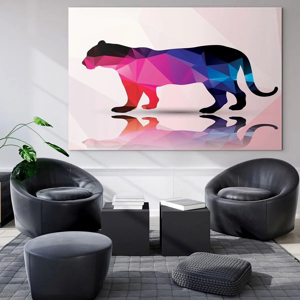 Obraz na szkle - Geometryczny pantera w kolorowej abstrakcji - 70x50cm - Dimentowa pantera - Nowoczesna dekoracja ścienna do salonu i sypialni ARTTOR