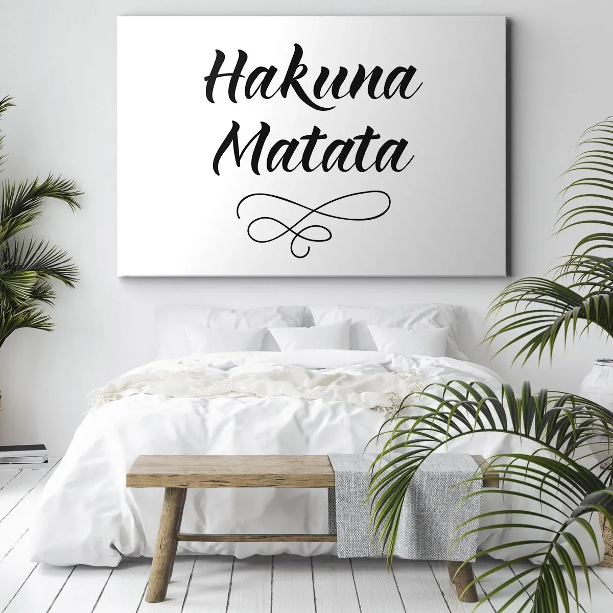 Obraz na płótnie - Cytat Hakuna Matata w eleganckiej czcionce na białym tle - 120x80cm - Najlepsza rada - Nowoczesna dekoracja ścienna do salonu, kuchni i sypialni ARTTOR