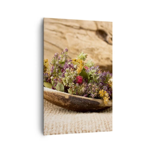 Obraz na płótnie - Suszone zioła w drewnianej łyżce na tle naturalnego drewna - 80x120cm - Kwiecie barwiste i zioła pachnące - Nowoczesna dekoracja ścienna do salonu i sypialni ARTTOR