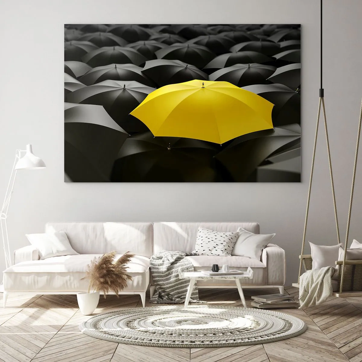 Obraz na szkle - Żółty parasol wyróżniający się wśród czarnych - 120x80cm - Żegnaj smutku - Nowoczesna dekoracja ścienna do salonu, kuchni i sypialni ARTTOR