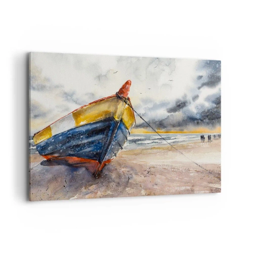 Obraz na płótnie - Malownicza łódź na plaży przy zachmurzonym niebie - 100x70cm - Odpoczynek na brzegu - Nowoczesna dekoracja ścienna do salonu, kuchni i sypialni ARTTOR
