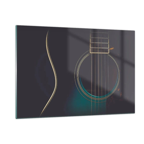 Obraz na szkle - Czarna gitara akustyczna w zbliżeniu z detalami strun - 120x80cm - Chwila zanim zabrzmi - Nowoczesna dekoracja ścienna do salonu, kuchni i sypialni ARTTOR