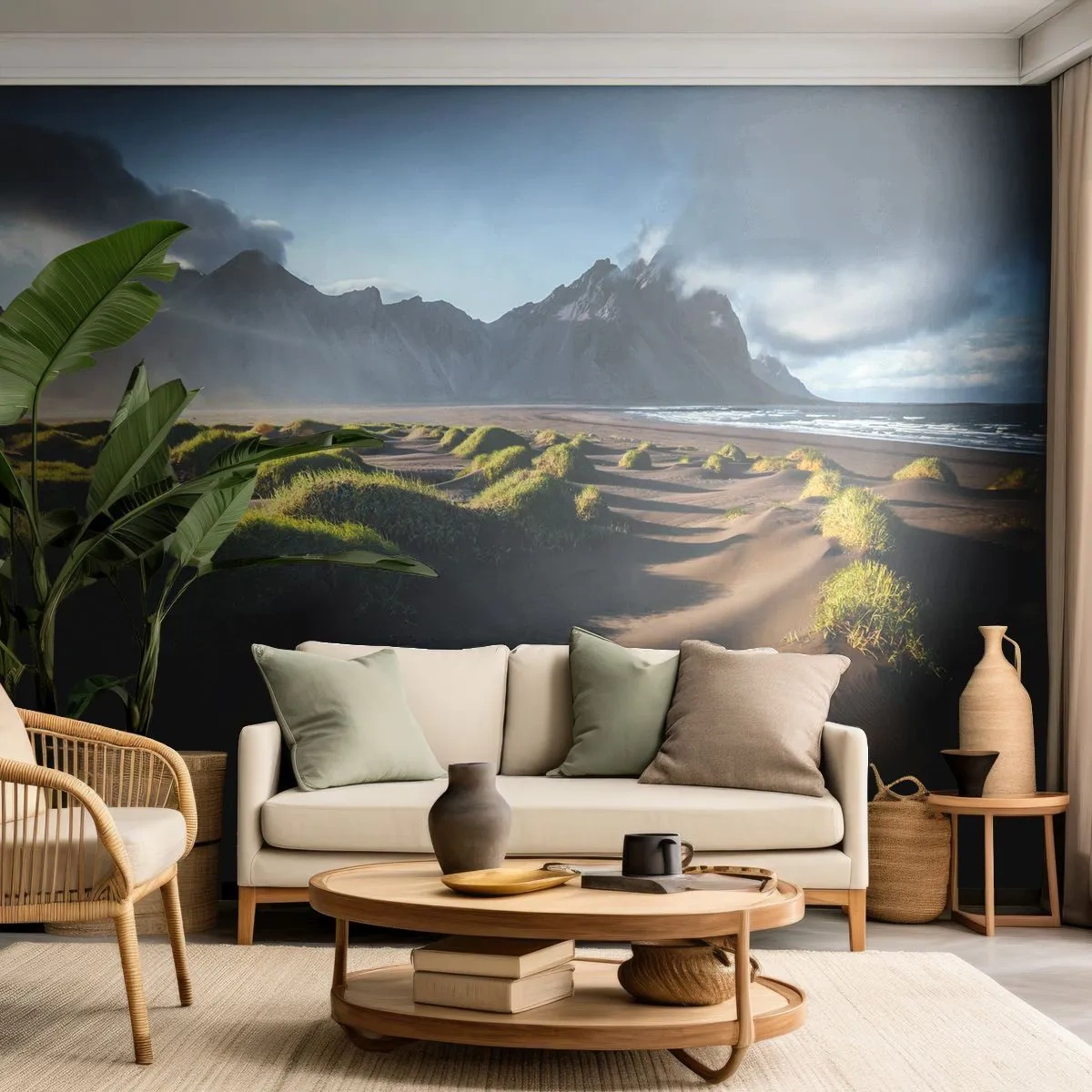 Fototapeta Premium Sand - Górzysty krajobraz z wydmami i zieloną trawą - 100x70cm - Harmonia żywiołów - Nowoczesna dekoracja ścienna do salonu, kuchni i sypialni ARTTOR