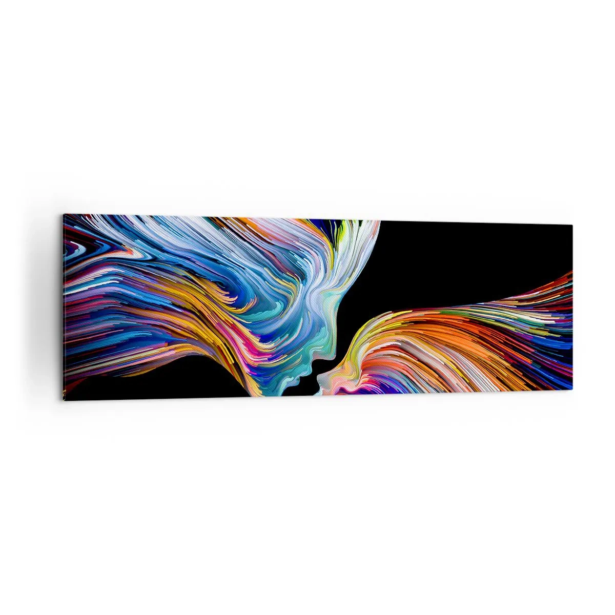 Obraz na płótnie - Kolorowe sylwetki twarzy w dynamicznych strugach na czarnym tle - 160x50cm - Fuzja energii i światła - Nowoczesna dekoracja ścienna do salonu i sypialni ARTTOR