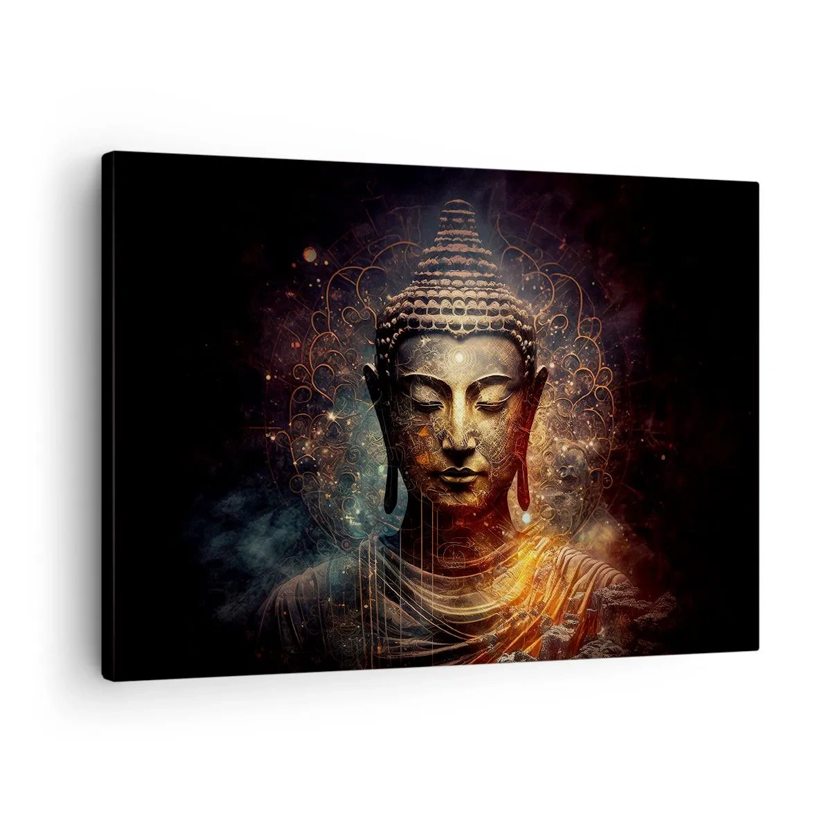 Obraz na płótnie - Złoty Budda na ciemnym tle z ornamentami - 70x50cm - Duchowa równowaga - Nowoczesna dekoracja ścienna do salonu i sypialni ARTTOR