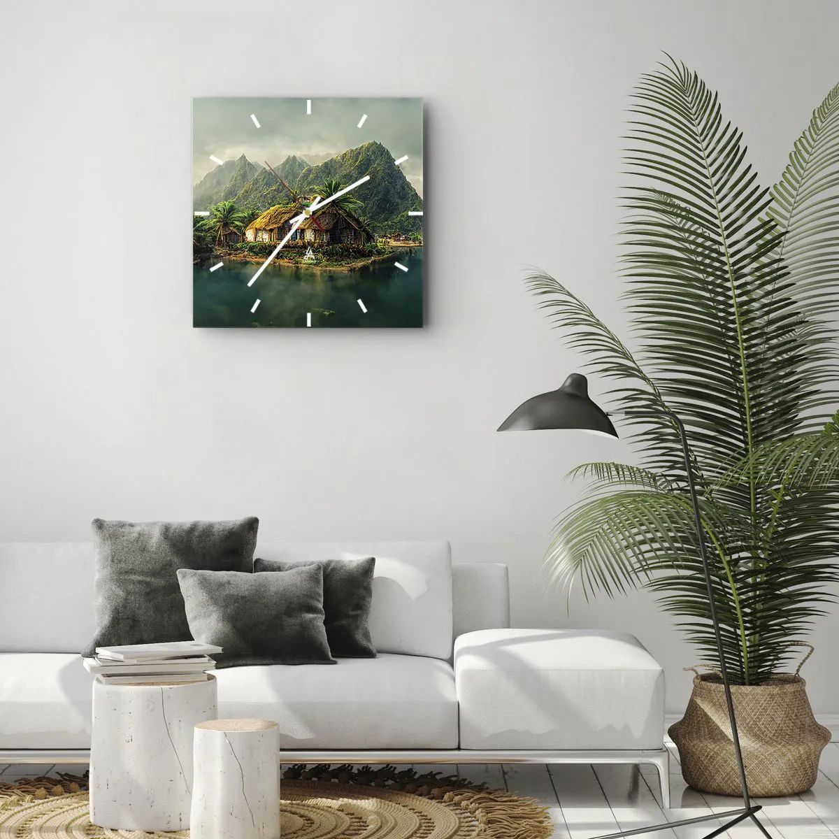 Zegar ścienny - Tropikalna wyspa z palmami i górami w tle - 30x30cm - Tropikalny raj - Nowoczesna dekoracja ścienna do salonu i sypialni ARTTOR