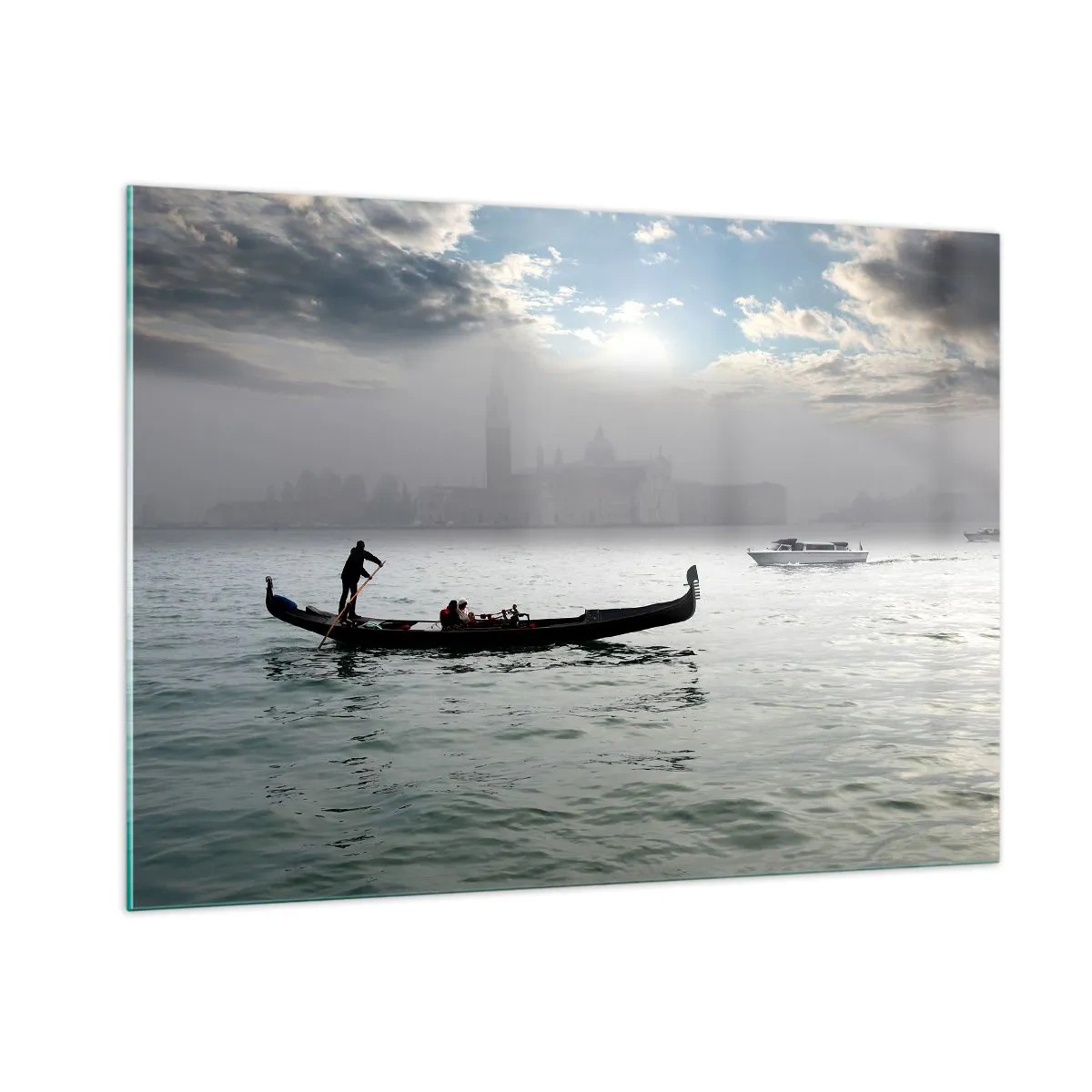 Obraz na szkle - Gondola na wodach Wenecji w mglisty poranek - 100x70cm - Bajeczne miasto z wody i mgły - Nowoczesna dekoracja ścienna do salonu, kuchni i sypialni ARTTOR