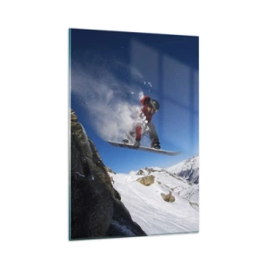 Obraz na szkle - Snowboardzista skaczący ze skały na tle górskiego krajobrazu - 80x120cm - I stałeś się częścią przestrzeni - Nowoczesna dekoracja ścienna do salonu i sypialni ARTTOR