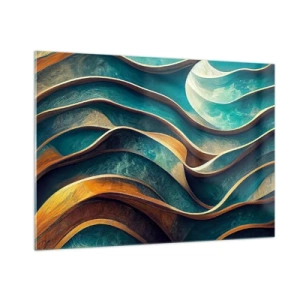 Obraz na szkle - Dynamiczne linie w błękicie i miedzi tworzące fale - 100x70cm - Meandry błękitu - Nowoczesna dekoracja ścienna do salonu, kuchni i sypialni ARTTOR