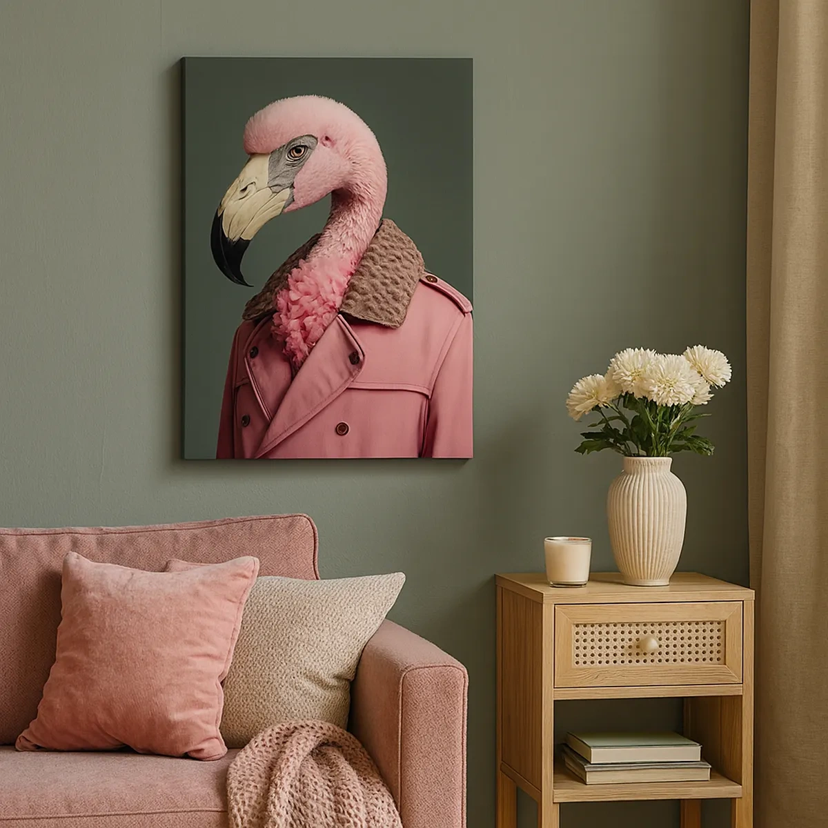 Obraz na płótnie - Stylizowany flaming w różowym płaszczu na zielonym tle - 50x70cm - Prawdziwy elegant - Nowoczesna dekoracja ścienna do salonu, kuchni i sypialni ARTTOR