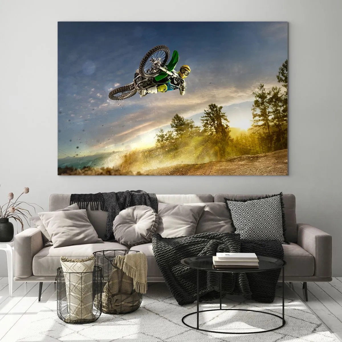 Obraz na szkle - Motocyklista w akcji na tle zachodzącego słońca - 120x80cm - Włącz emocje! - Nowoczesna dekoracja ścienna do salonu, kuchni i sypialni ARTTOR