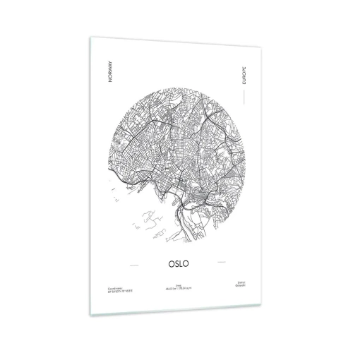 Obraz na szkle - Mapa Oslo w minimalistycznym, czarno-białym stylu - 70x100cm - Anatomia Oslo - Nowoczesna dekoracja ścienna do salonu i sypialni ARTTOR