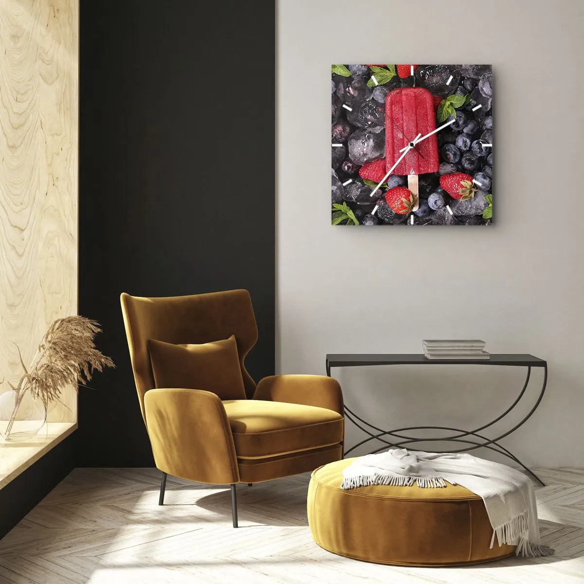 Zegar ścienny - Czerwony lód na patyku w otoczeniu owoców i lodu - 30x30cm - Smak gorącego lata - Nowoczesna dekoracja ścienna do salonu i sypialni ARTTOR