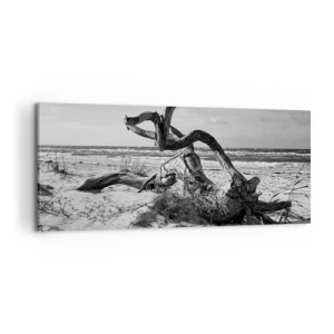 Obraz na płótnie - Czarno-biały krajobraz z martwym drzewem na plaży - 120x50cm - Morska rzeźba - Nowoczesna dekoracja ścienna do salonu i sypialni ARTTOR