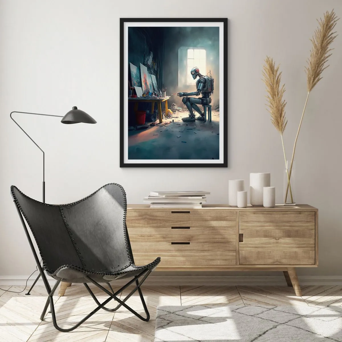 Plakat w czarnej ramie - Robot artysta malujący obrazy w pracowni - 50x70cm - Akt kreacji - Nowoczesna dekoracja ścienna do salonu i sypialni ARTTOR