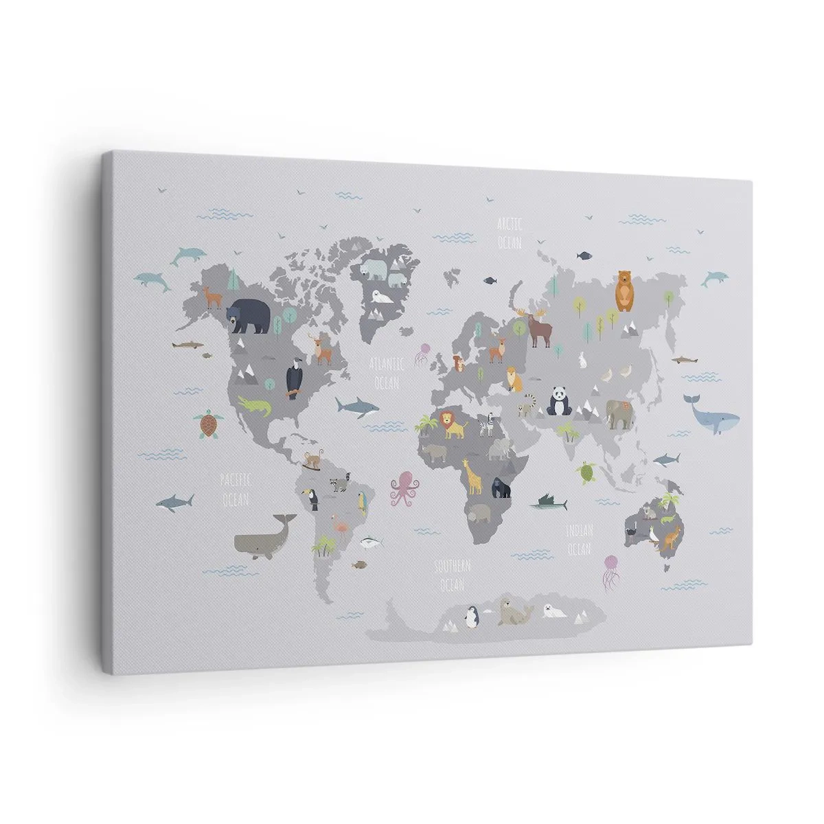 Obraz na płótnie - Mapa świata z ilustracjami zwierząt na szarym tle - 70x50cm - Powiedz mi, skąd jesteś… - Nowoczesna dekoracja ścienna do salonu i sypialni ARTTOR