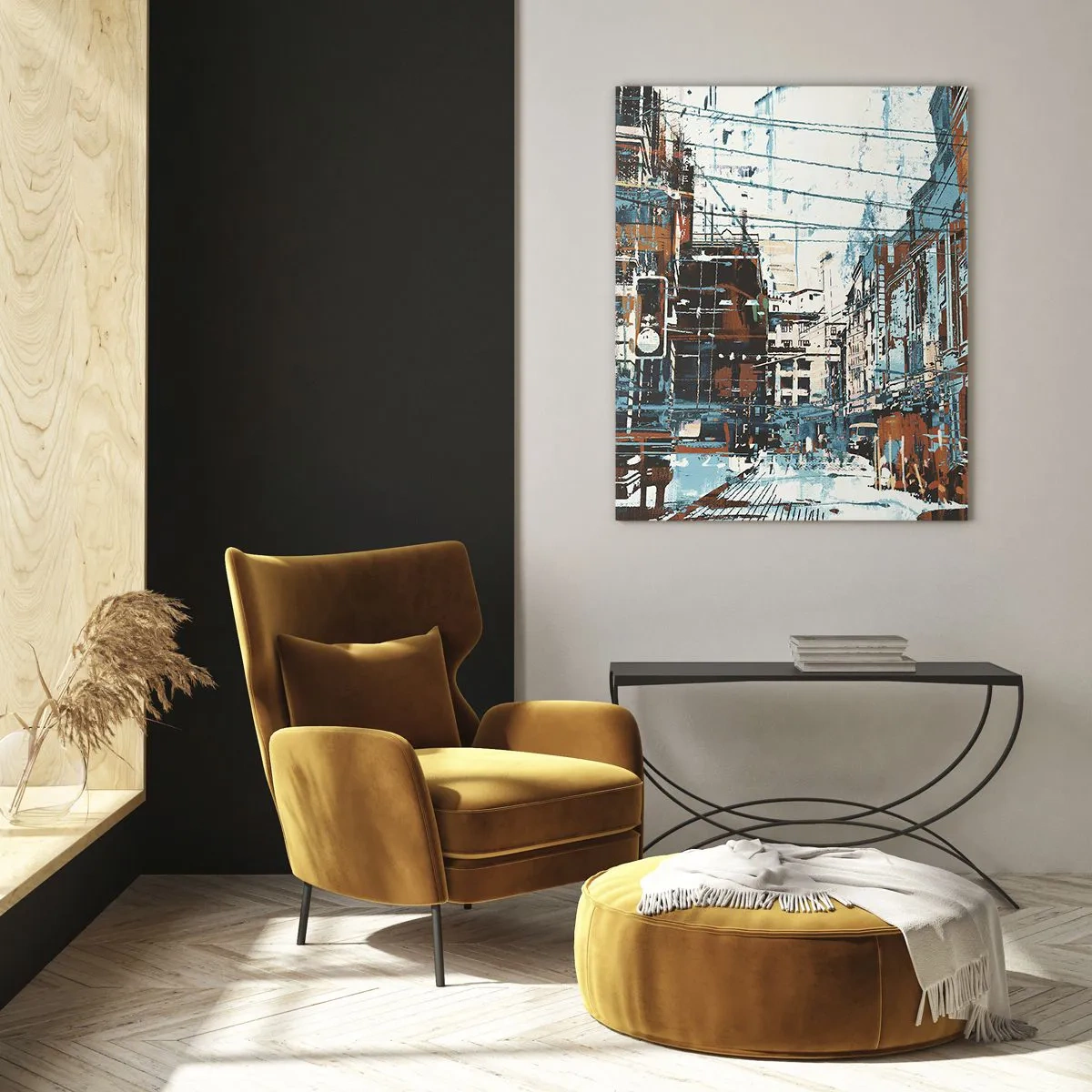Obraz na szkle - Malownicza ulica miejska w artystycznym, przetartym stylu - 50x70cm - Przetarty miejski szlak - Nowoczesna dekoracja ścienna do salonu, kuchni i sypialni ARTTOR