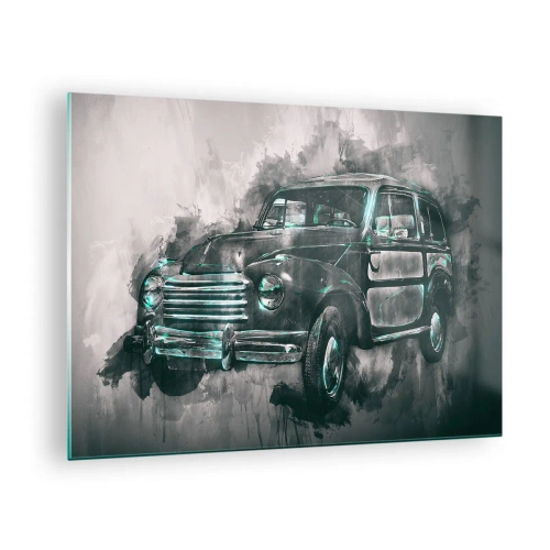 Obraz na szkle - Stary samochód w odcieniach szarości i turkusu - 70x50cm - Szacowny przodek - Nowoczesna dekoracja ścienna do salonu i sypialni ARTTOR