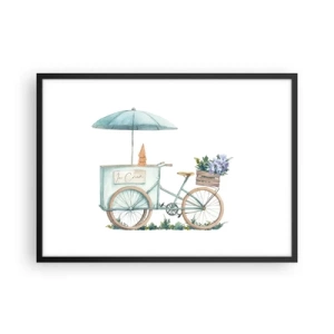 Plakat w czarnej ramie - Rower z lodami i kwiatami pod parasolem w delikatnej pastelowej kolorystyce - 70x50cm - Słodkie wspomnienie lata - Nowoczesna dekoracja ścienna do salonu i sypialni ARTTOR