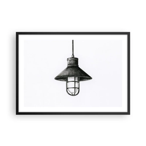 Plakat w czarnej ramie - Rysunek wiszącej lampy w stylu retro na białym tle - 70x50cm - Jak przed laty… - Nowoczesna dekoracja ścienna do salonu i sypialni ARTTOR
