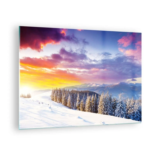 Obraz na szkle - Zimowy krajobraz górski z ośnieżonymi drzewami i barwnym niebem - 70x50cm - W biały dzień - Nowoczesna dekoracja ścienna do salonu i sypialni ARTTOR