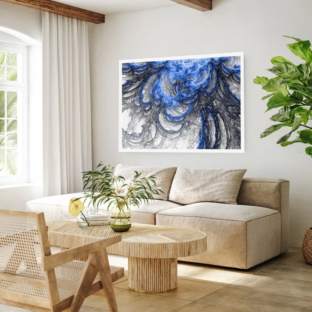 Plakat - Abstrakcyjne fale w odcieniach niebieskiego i szarego - 100x70cm - Narodziny fali - Nowoczesna dekoracja ścienna do salonu i sypialni ARTTOR