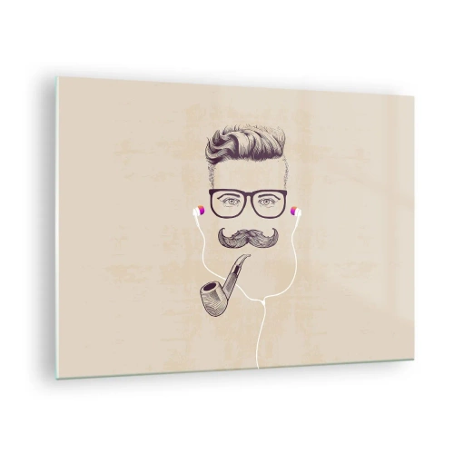 Obraz na szkle - Rysunek stylizowanego mężczyzny z okularami, wąsem i fajką - 70x50cm - Prawdziwy mężczyzna? - Nowoczesna dekoracja ścienna do salonu i sypialni ARTTOR