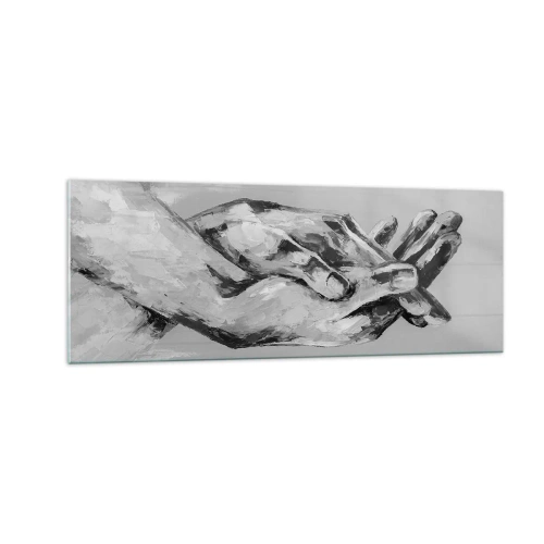 Obraz na szkle - Czarno-biała kompozycja dwóch splecionych dłoni na jasnym tle - 140x50cm - Początek… - Nowoczesna dekoracja ścienna do salonu i sypialni ARTTOR