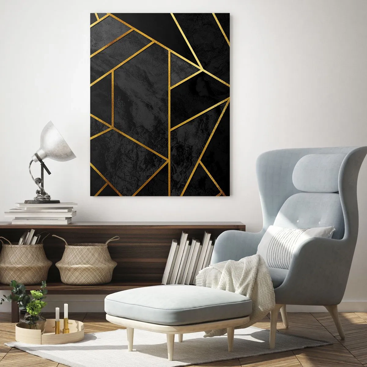 Obraz na szkle - Czarno-złota geometryczna kompozycja na marmurowym tle - 50x70cm - Mrok i blask - Nowoczesna dekoracja ścienna do salonu, kuchni i sypialni ARTTOR