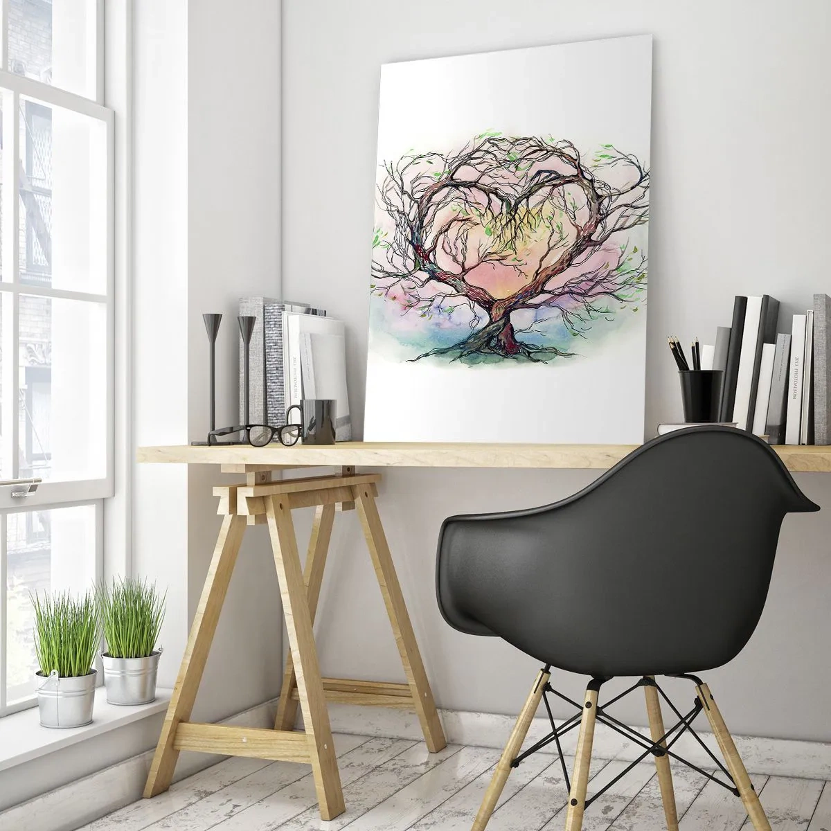 Obraz na szkle - Drzewo w kształcie serca z kolorowym, pastelowym tłem - 50x70cm - Razem przeciwko wichurom - Nowoczesna dekoracja ścienna do salonu, kuchni i sypialni ARTTOR