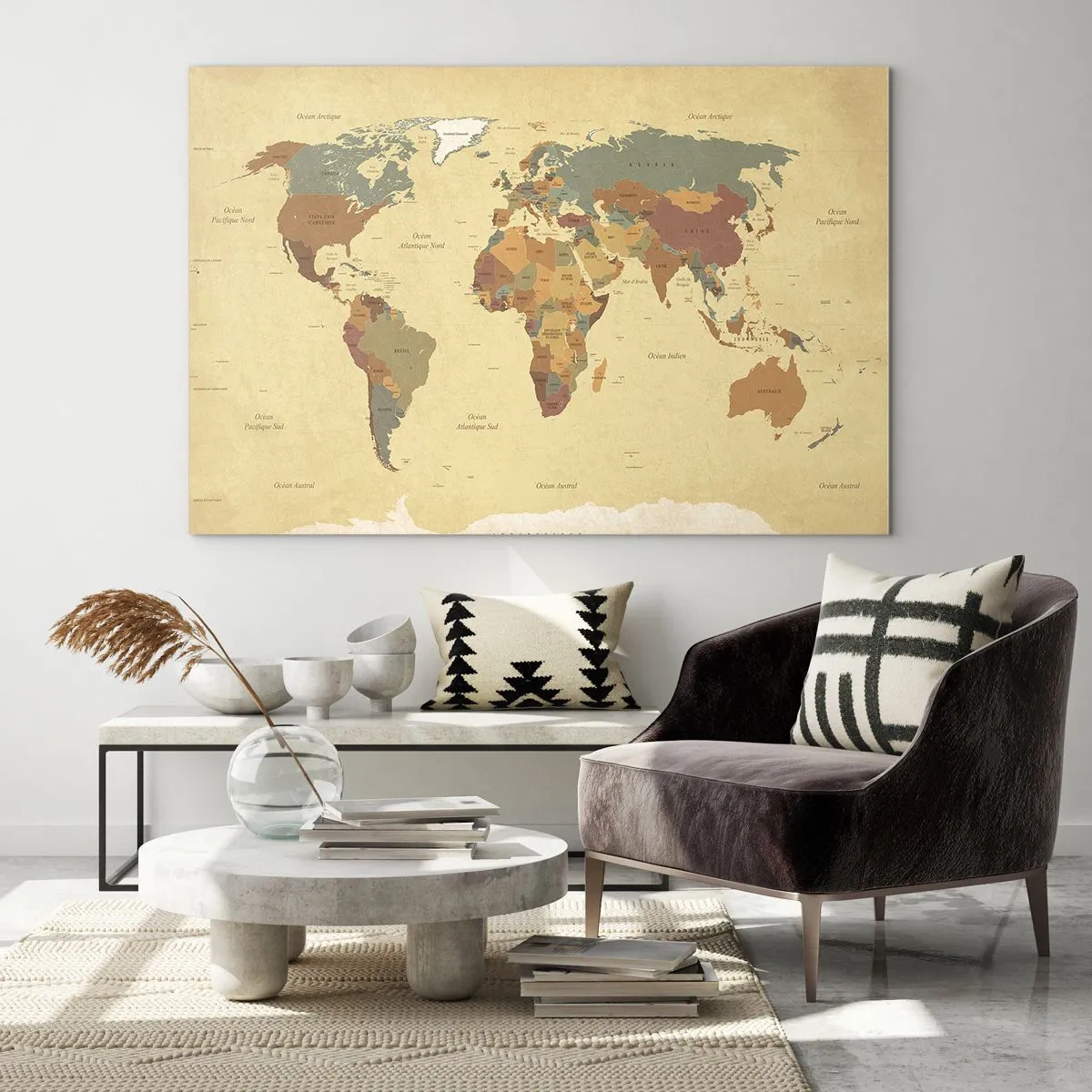 Obraz na szkle - Mapa świata w odcieniach beżu i brązu na tle w stylu vintage - 70x50cm - Dla ciebie - cały świat - Nowoczesna dekoracja ścienna do salonu i sypialni ARTTOR