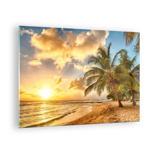 Obraz na szkle - Plaża z palmami o zachodzie słońca z ciepłymi kolorami nieba - 70x50cm - Wieczne lato, zawsze wakacje - Nowoczesna dekoracja ścienna do salonu i sypialni ARTTOR