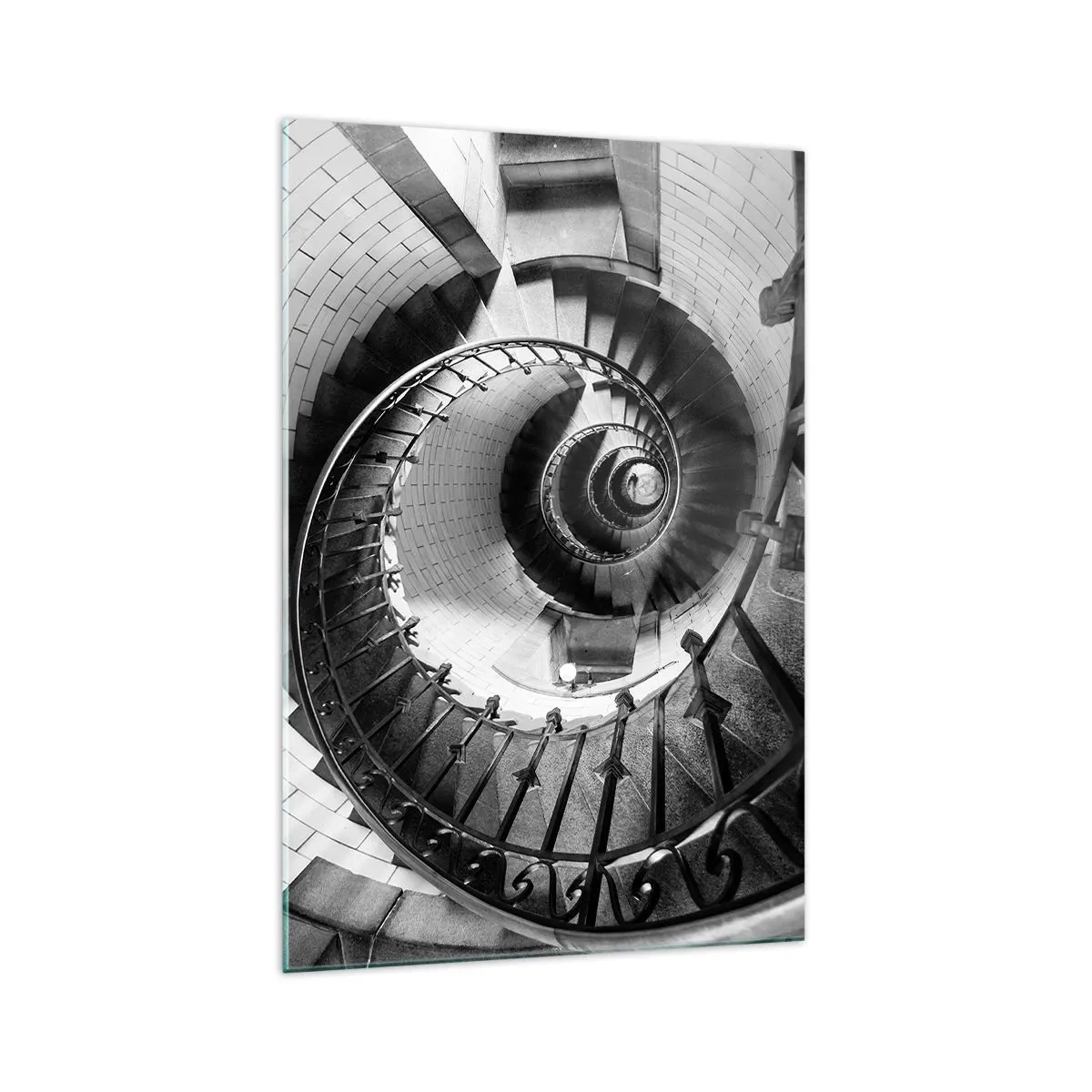 Obraz na szkle - Czarno-biała fotografia spiralnych schodów z perspektywą z góry - 70x100cm - Wyżej i wyżej - Nowoczesna dekoracja ścienna do salonu i sypialni ARTTOR