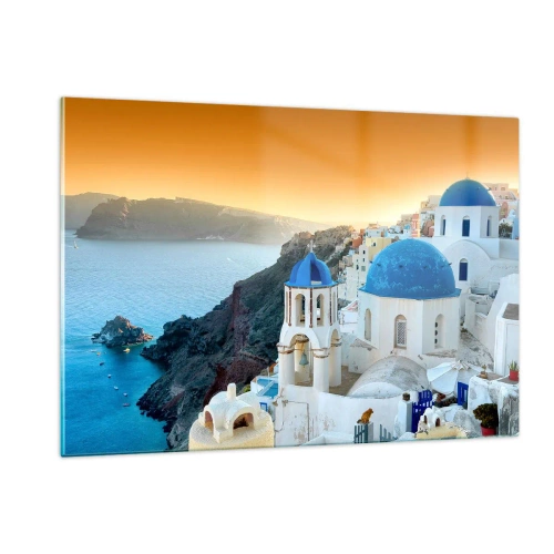 Obraz na szkle - Widok na Santorini z błękitnymi kopułami i klifem - 120x80cm - Santorini - przytulone do skał - Nowoczesna dekoracja ścienna do salonu, kuchni i sypialni ARTTOR