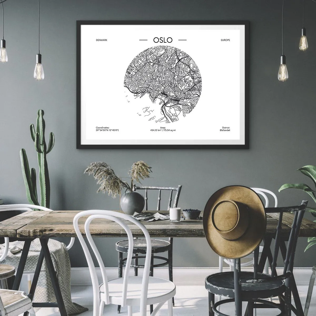 Plakat w czarnej ramie - Mapa Oslo w minimalistycznym, czarno-białym stylu - 70x50cm - Anatomia Oslo - Nowoczesna dekoracja ścienna do salonu i sypialni ARTTOR