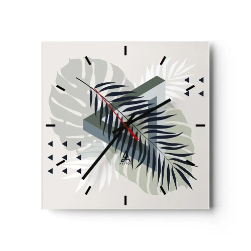 Zegar ścienny - Geometryczna kompozycja z tropikalnymi liśćmi w odcieniach zieleni - 30x30cm - Natura i geometria – dwa porządki? - Nowoczesna dekoracja ścienna do salonu i sypialni ARTTOR