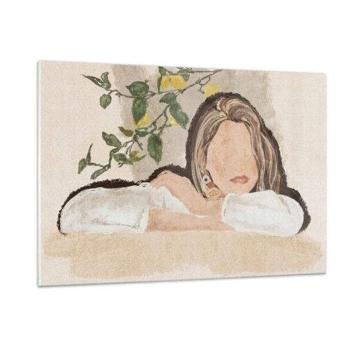 Obraz na szkle - Kobieta oparta na stole wśród gałązek cytrynowego drzewa bez wyraźnych rysów twarzy - 120x80cm - Piękność południa - Nowoczesna dekoracja ścienna do salonu, kuchni i sypialni ARTTOR