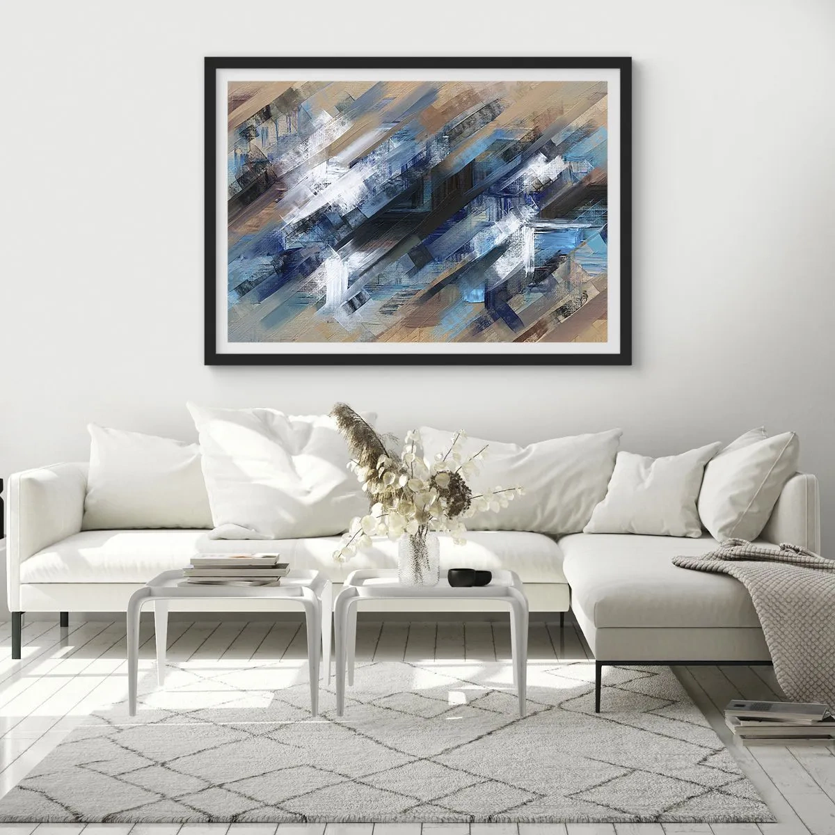 Plakat w czarnej ramie - Abstrakcyjna kompozycja z błękitnymi ukośnymi liniami - 70x50cm - Po błękitnym skosie - Nowoczesna dekoracja ścienna do salonu i sypialni ARTTOR