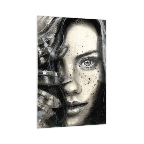 Obraz na szkle - Artystyczny portret kobiety z abstrakcyjnymi detalami - 70x100cm - Dzika piękność - Nowoczesna dekoracja ścienna do salonu i sypialni ARTTOR