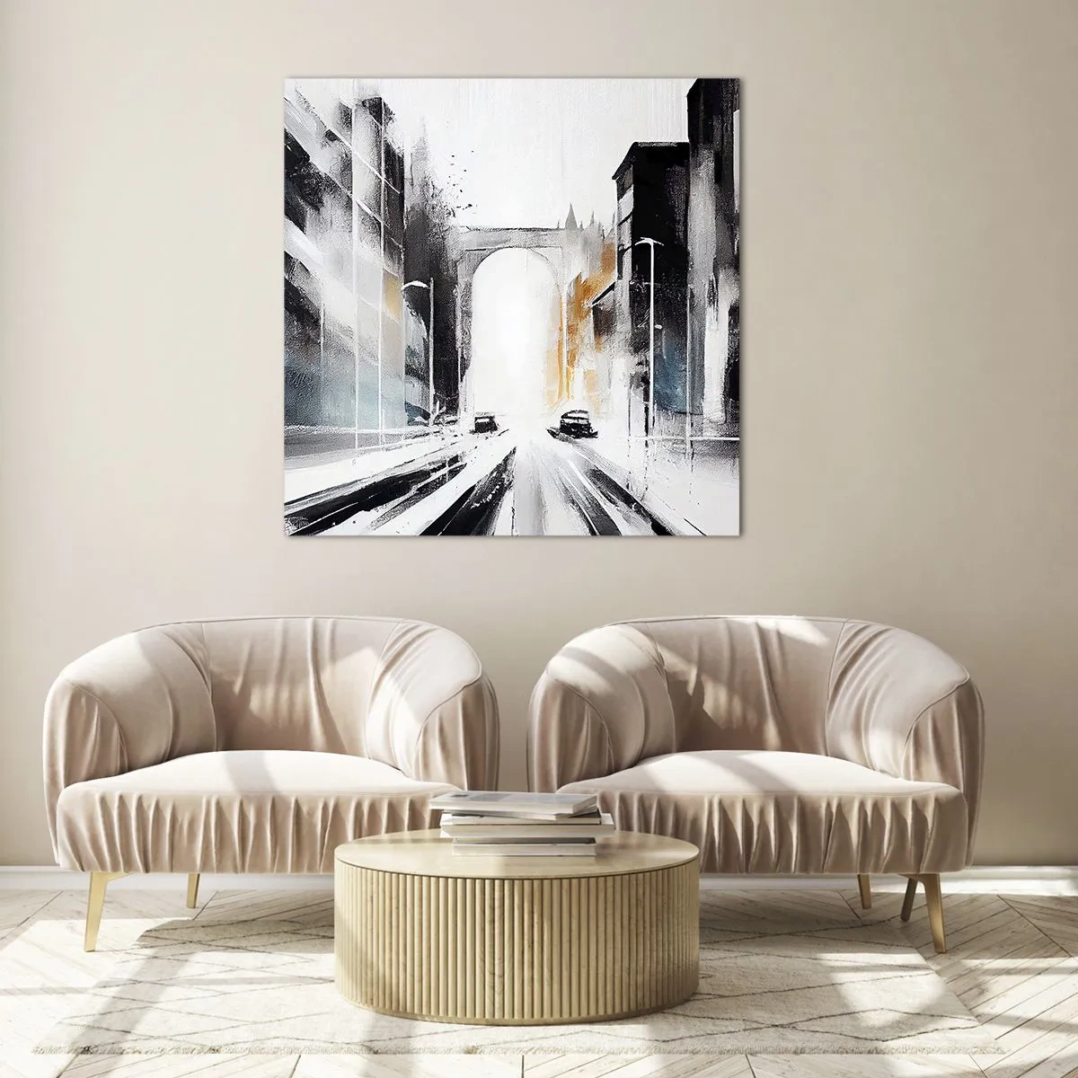 Obraz na szkle - Studium miasta: architektura i ruch - 30x30 cm