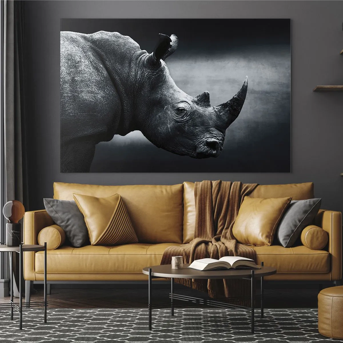 Obraz na szkle - Czarno-białe ujęcie nosorożca - 70x50cm - Prawy profil - Nowoczesna dekoracja ścienna do salonu i sypialni ARTTOR